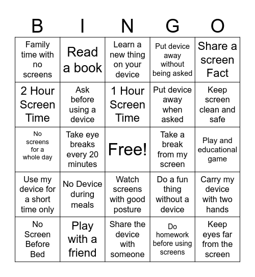 Screen Time Bingo Card