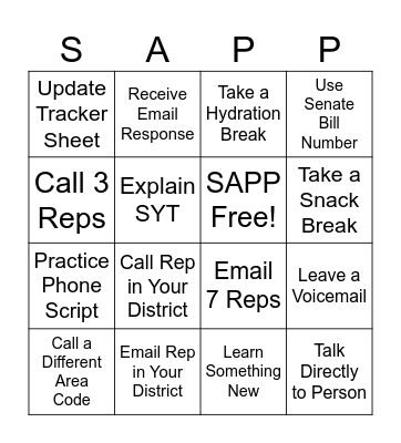 SAPP Virtual Advocacy for SYT Bingo Card