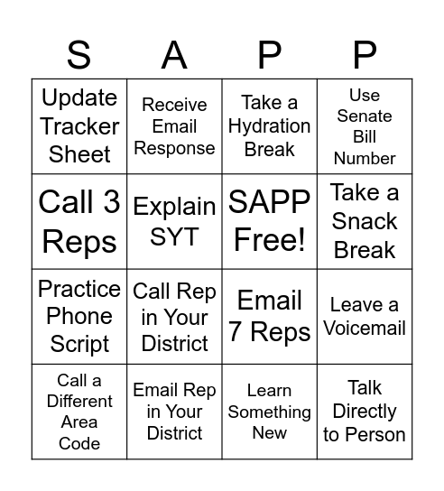 SAPP Virtual Advocacy for SYT Bingo Card