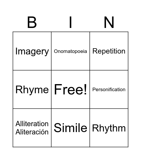 Poetic Devices Bingo Card