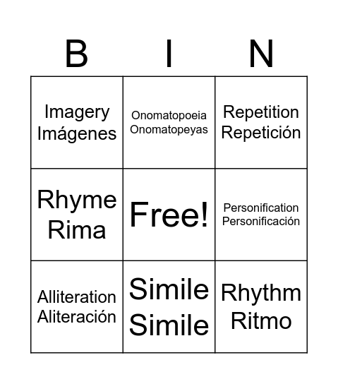 Poetic Devices Bingo Card