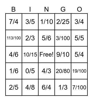 Percent to Fraction Bingo Card