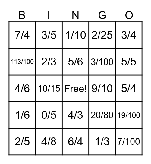Percent to Fraction Bingo Card