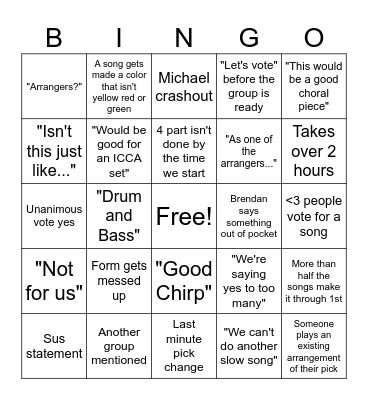 Song Selection Bingo Card