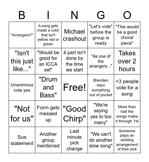 Song Selection Bingo Card