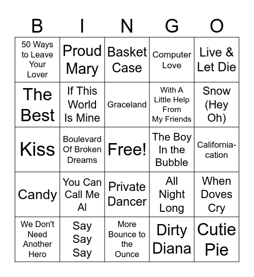 Paul & Tina Bingo Card