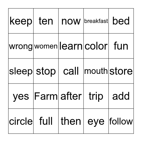 Level 2 Words (5) Bingo Card