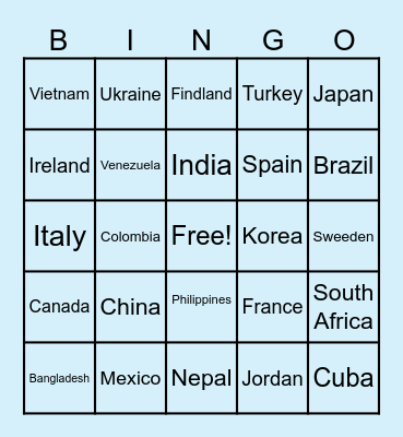 Around the World Bingo Card