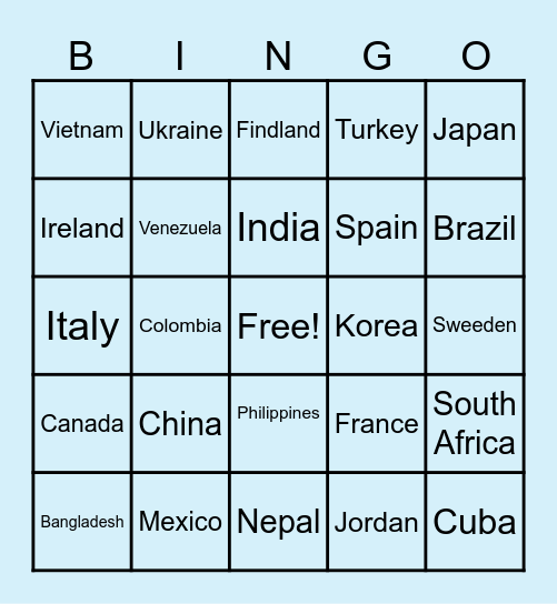 Around the World Bingo Card