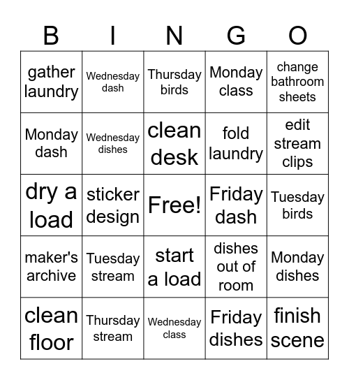 Weekly Task Bingo Card