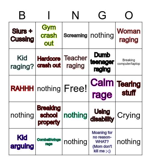 School crash out Bingo Card