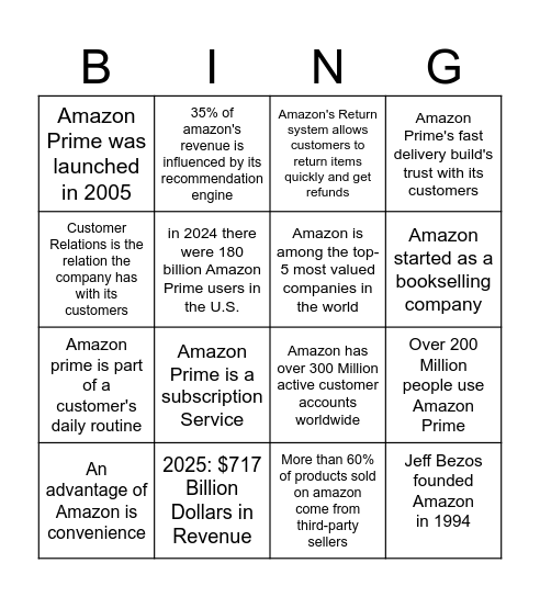 Amazon Bingo Card