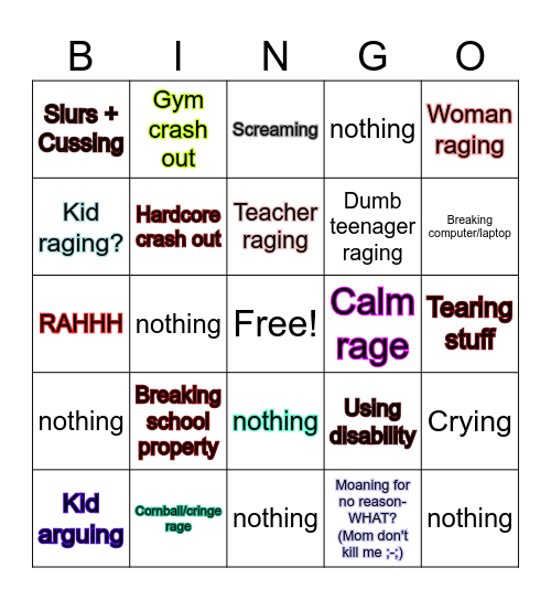 School crash out Bingo Card