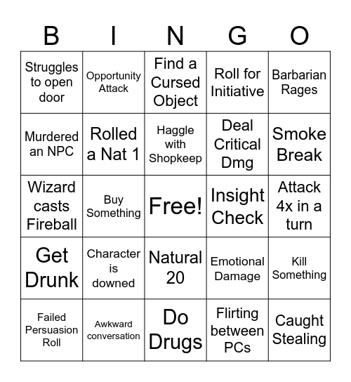 D&D Bingo SD1 Bingo Card