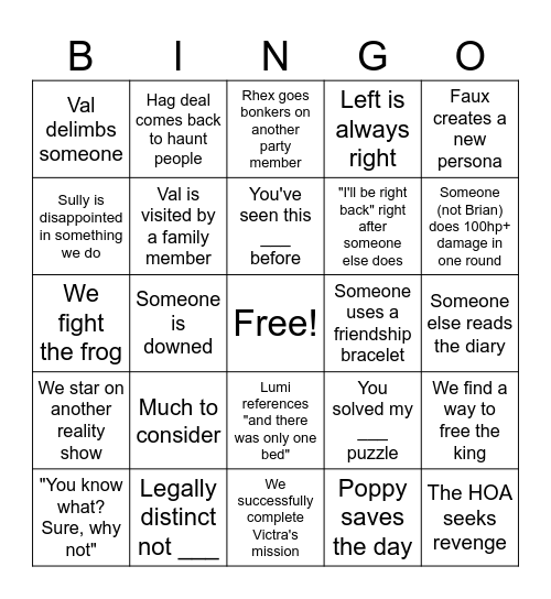 Brian Monday Bingo Card
