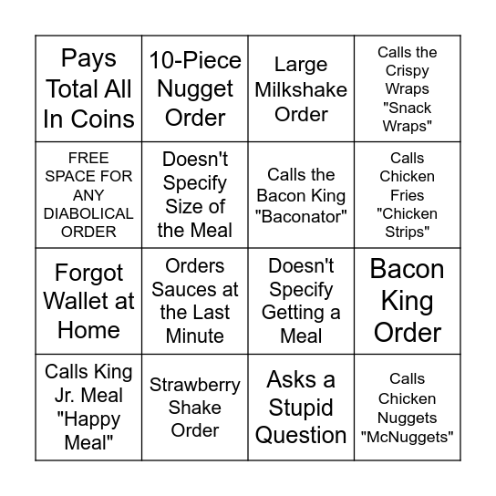 Burger King Bingo Card