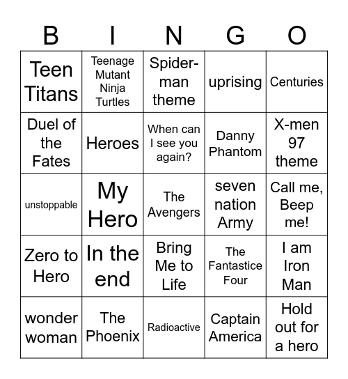 Hero Hype! Bingo Card