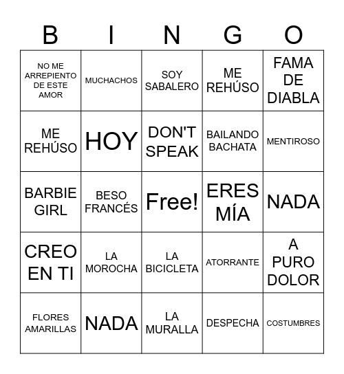 BINGO MUSICAL NADINO Bingo Card