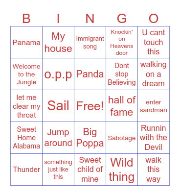 Walk on songs Bingo Card