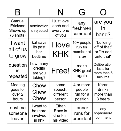KHK Drinking Bingo Card