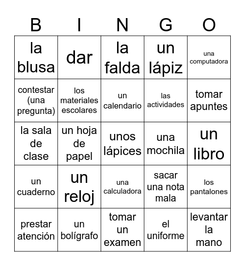 En la escuela Bingo Card