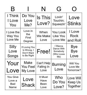 Love Songs Bingo Card