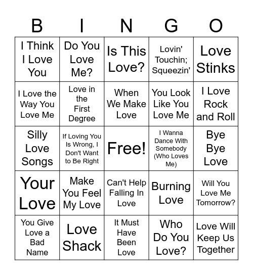Love Songs Bingo Card