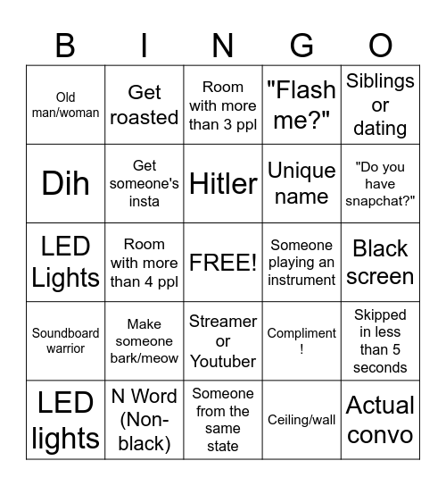 Omegle Challange Bingo Card