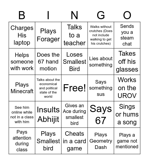 Zachary Bingo Card Bingo Card