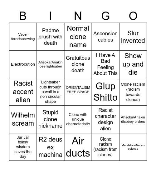 Clone Wars Bingo Card