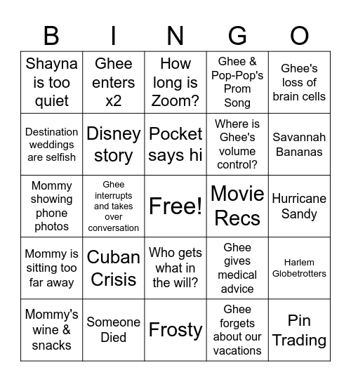 Zoom Night Bingo Card