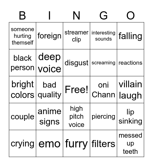 cringe Bingo Card