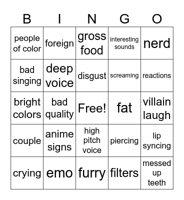 cringe Bingo Card