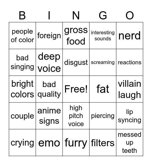 cringe Bingo Card