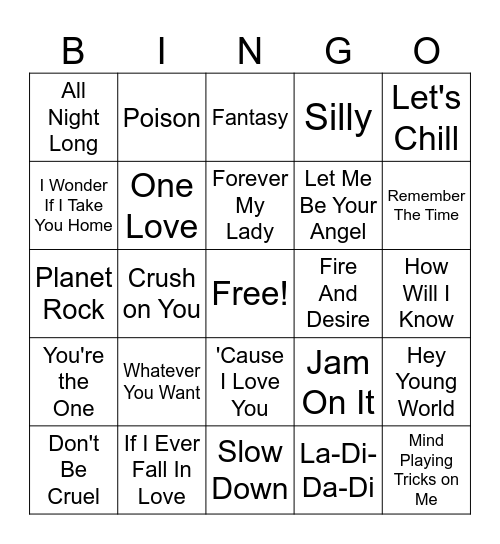 70s 80s 90s Smooth R&B & Hip Hop Bingo Card
