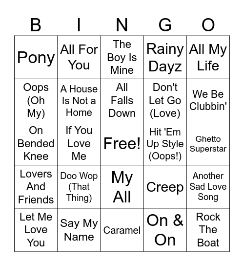 Millenial Mixtape: R&B Edition Bingo Card