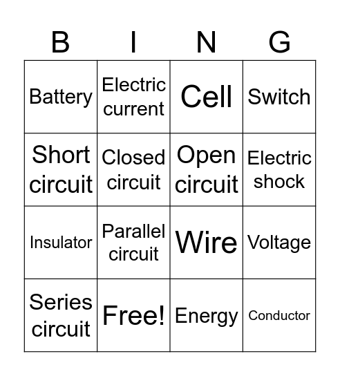 ELECTRICITY Bingo Card