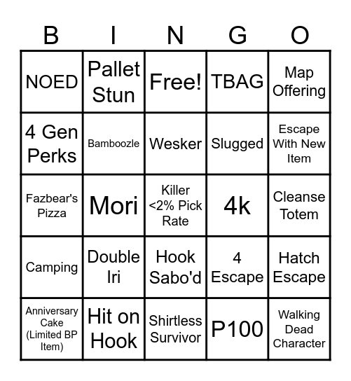 DBD Bingo Card