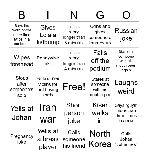 Casey Rehearsal Bingo Card