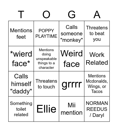 Toga Bingo Card