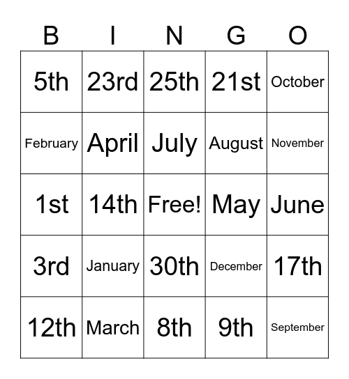 Months of the year Bingo Card
