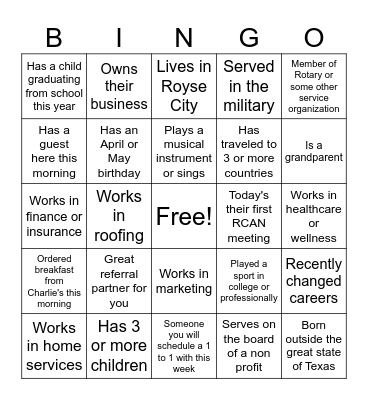 RCAN Get to Know BINGO Card