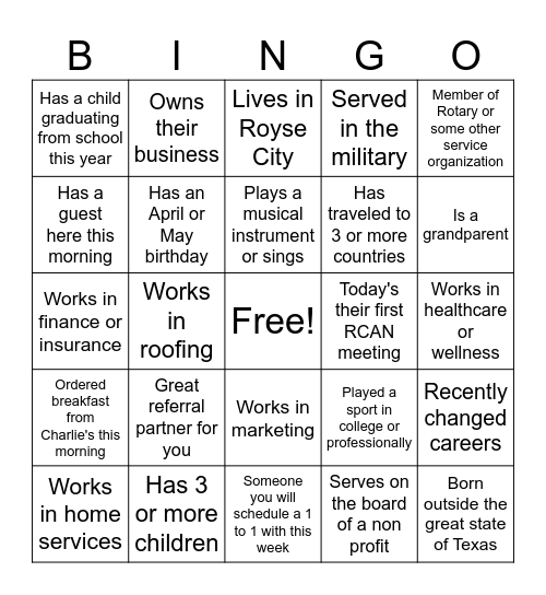 RCAN Get to Know BINGO Card