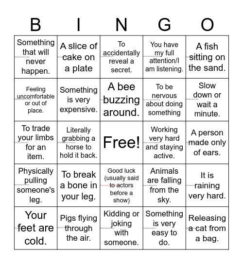 LITERAL VS FIGURATIVE / IDIOMS Bingo Card