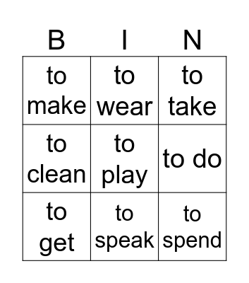 verbs Bingo Card