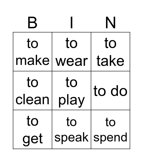 verbs Bingo Card