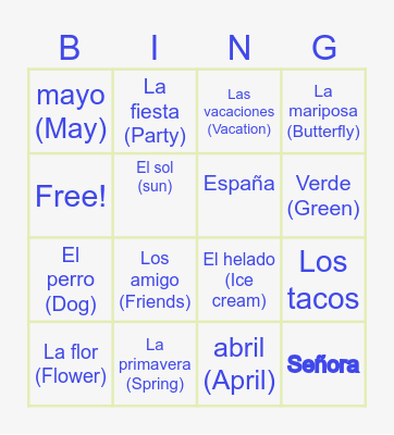 Spanish Club Bingo Card