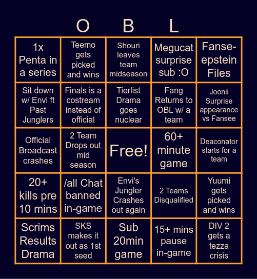 OBL DIV 2 Season 2 Bingo Card