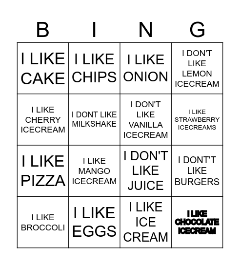 I LIKE / I DON'T LIKE Bingo Card