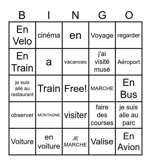 Voyage et transport Bingo Card